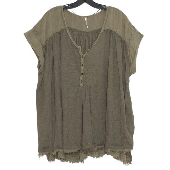 Free People Top Aster Henley Linen Fairy Grunge Cottage Forest Army Green Medium - Picture 1 of 6